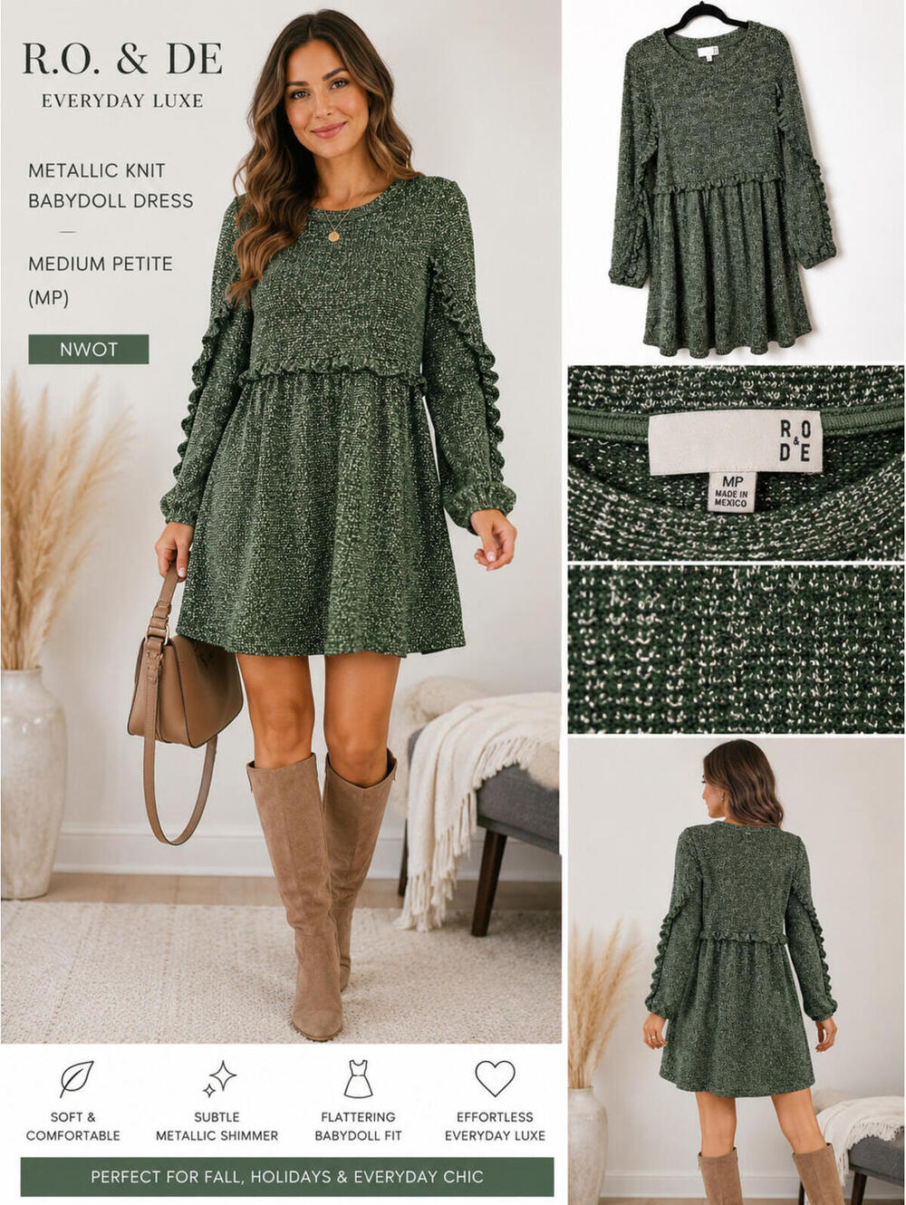R.O. & DE Green Metallic Knit Ruffle Sleeve Babydoll Dress MP NWOT